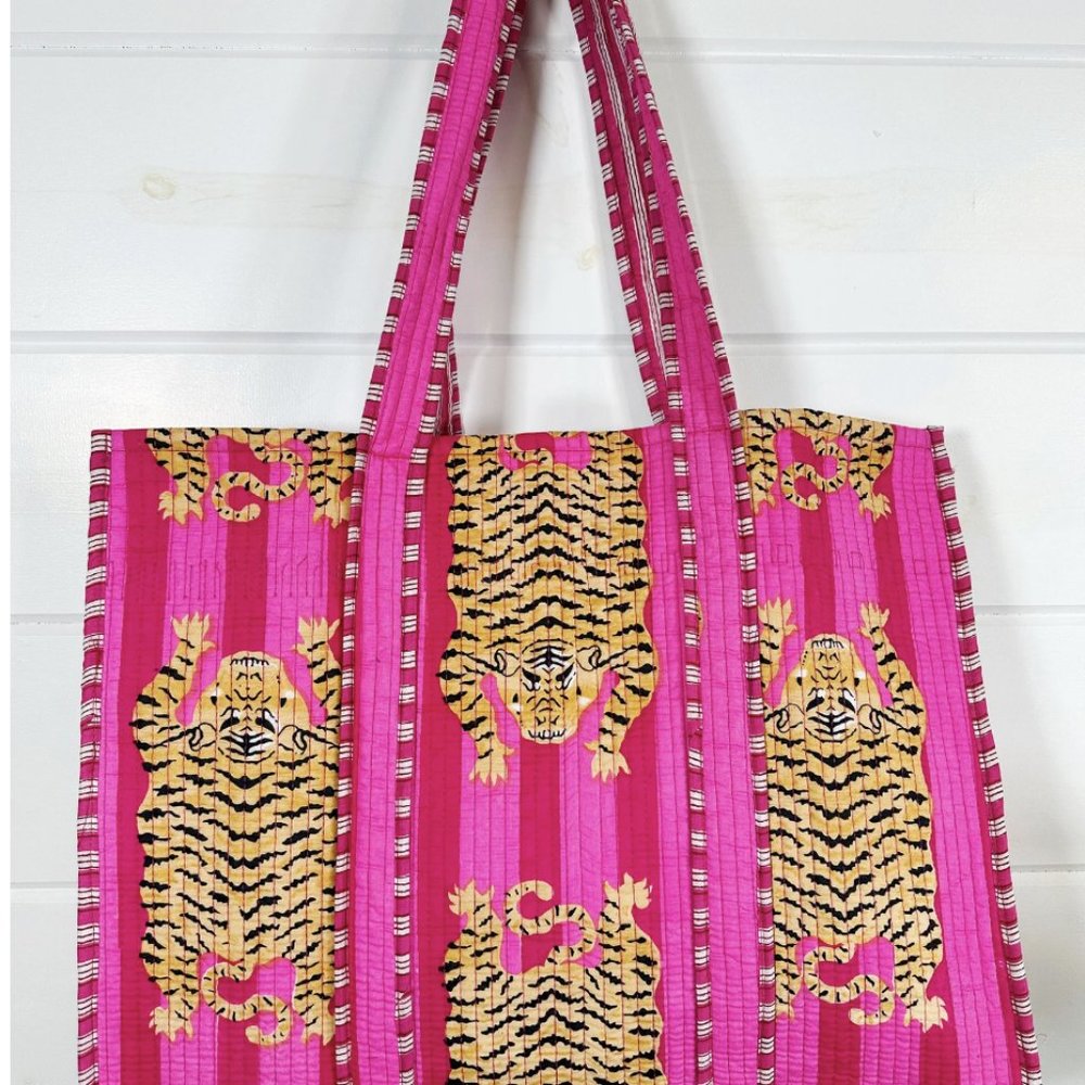 Tiger Print Quilted Tote Bag, Pink and Orange Striped (NWOT)